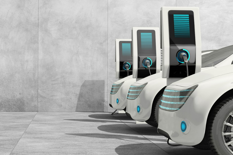 Computer-generated image of electric vehicles plugged in and charging