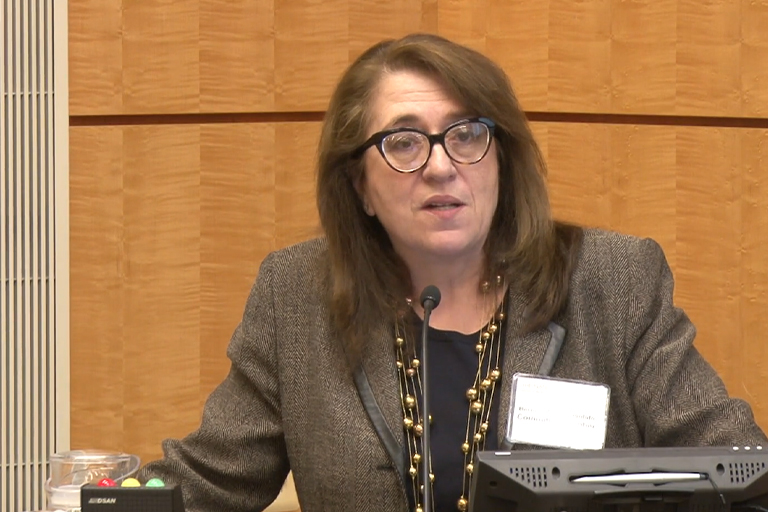 A photo of Bernice Pescosolido giving a presentation on stigma